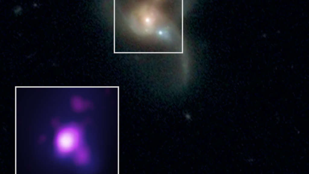 Das System SDSS J084905.51+111447.2 im optischen Licht (oben) und durch „Chandras“ Röntgenblick (unten). Das System SDSS J084905.51+111447.2 im optischen Licht (oben) und durch „Chandras“ Röntgenblick (unten).