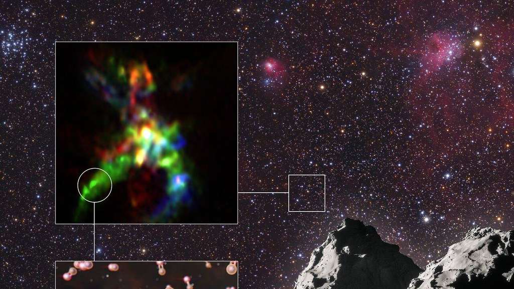 Im Sternentstehungsgebiet AFGL 5142 entdeckten die Forscher phosphorhaltige Moleküle (oben links). Die sind auch auf dem Kometen 67P/Tschurjumow-Gerassimenko (rechts) zu finden - und kamen über Kometen wohl auf die Erde, wo sie essentiell für das Leben sind. Im Sternentstehungsgebiet AFGL 5142 entdeckten die Forscher phosphorhaltige Moleküle (oben links). Die sind auch auf dem Kometen 67P/Tschurjumow-Gerassimenko (rechts) zu finden - und kamen über Kometen wohl auf die Erde, wo sie essentiell für das Leben sind.